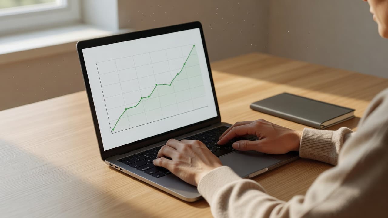 六月下旬廣告預算分配,先把錢留給會成交的人 A sleek silver laptop rests on a minimalist wooden desk, displaying a rising green analytical chart. Beside it, a leather-bound notebook lies open in soft morning light filtering from nearby windows.