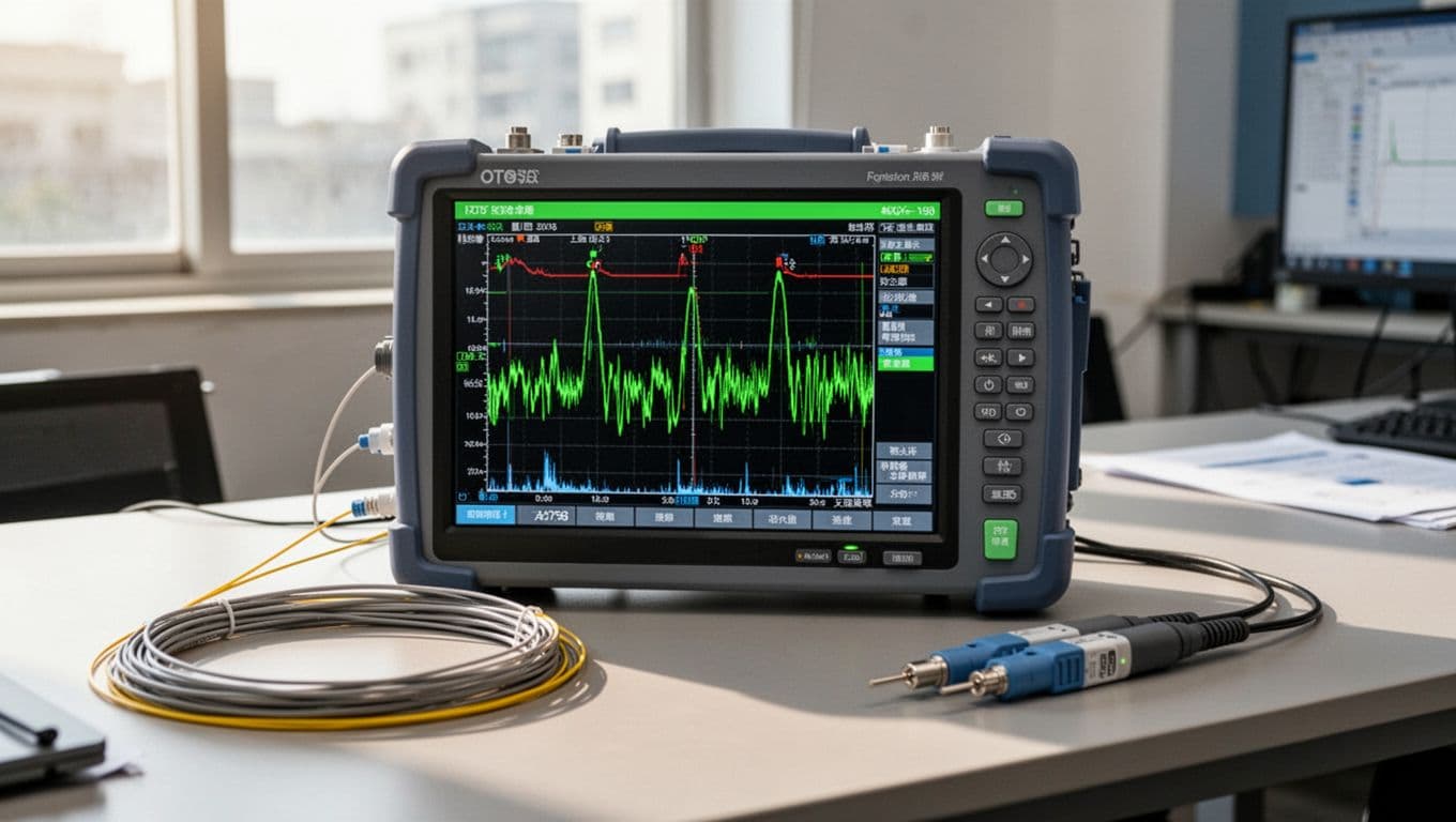光纖熔接驗收怎麼看,損耗值與 OTDR 報告這樣判讀 OTDR test instrument displays fiber optic trace curve on green screen with waveform lines, reflection peaks, and loss event points. Placed on engineering table with fiber coils and test cables in Taiwan office under natural light, realistic style focusing on trace.