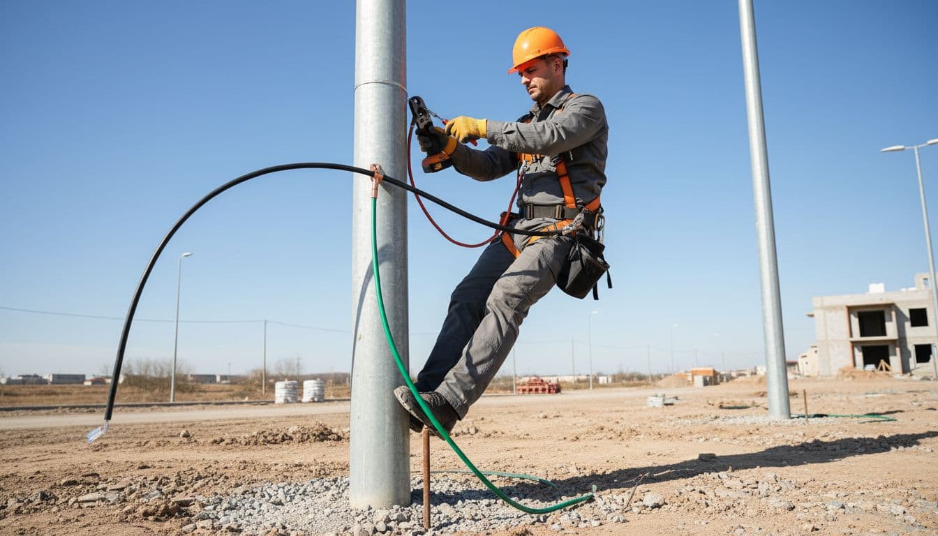 Technician in safety gear installs outdoor network cable on pole using grounding device at site.