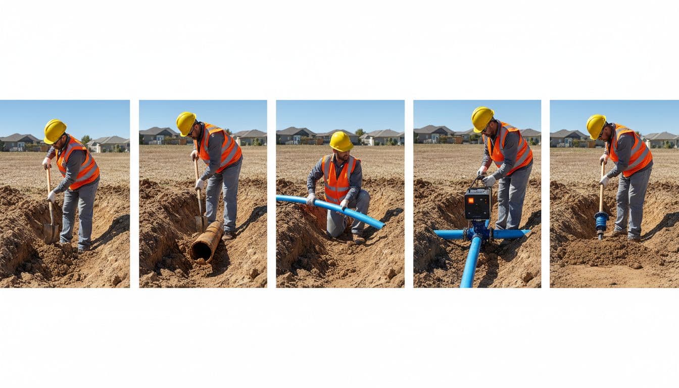 屋外給水管重拉怎麼做,PE管配置與埋深重點講清楚 Schematic diagram illustrating the key steps of outdoor water supply pipe repulling: workers digging trench, removing old pipe, installing new PE pipe, electrofusion connection, and backfilling compaction in a realistic sunny construction site with two helmeted workers.