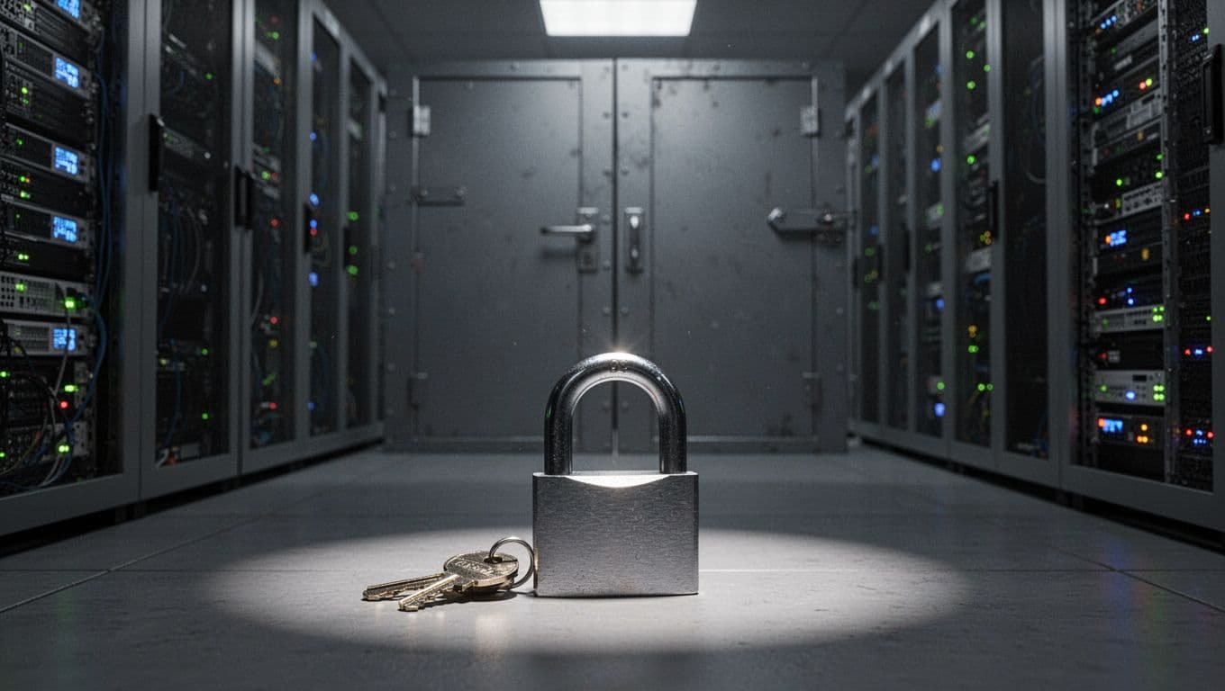 Padlock and key in front of metal door in dimly lit server room.