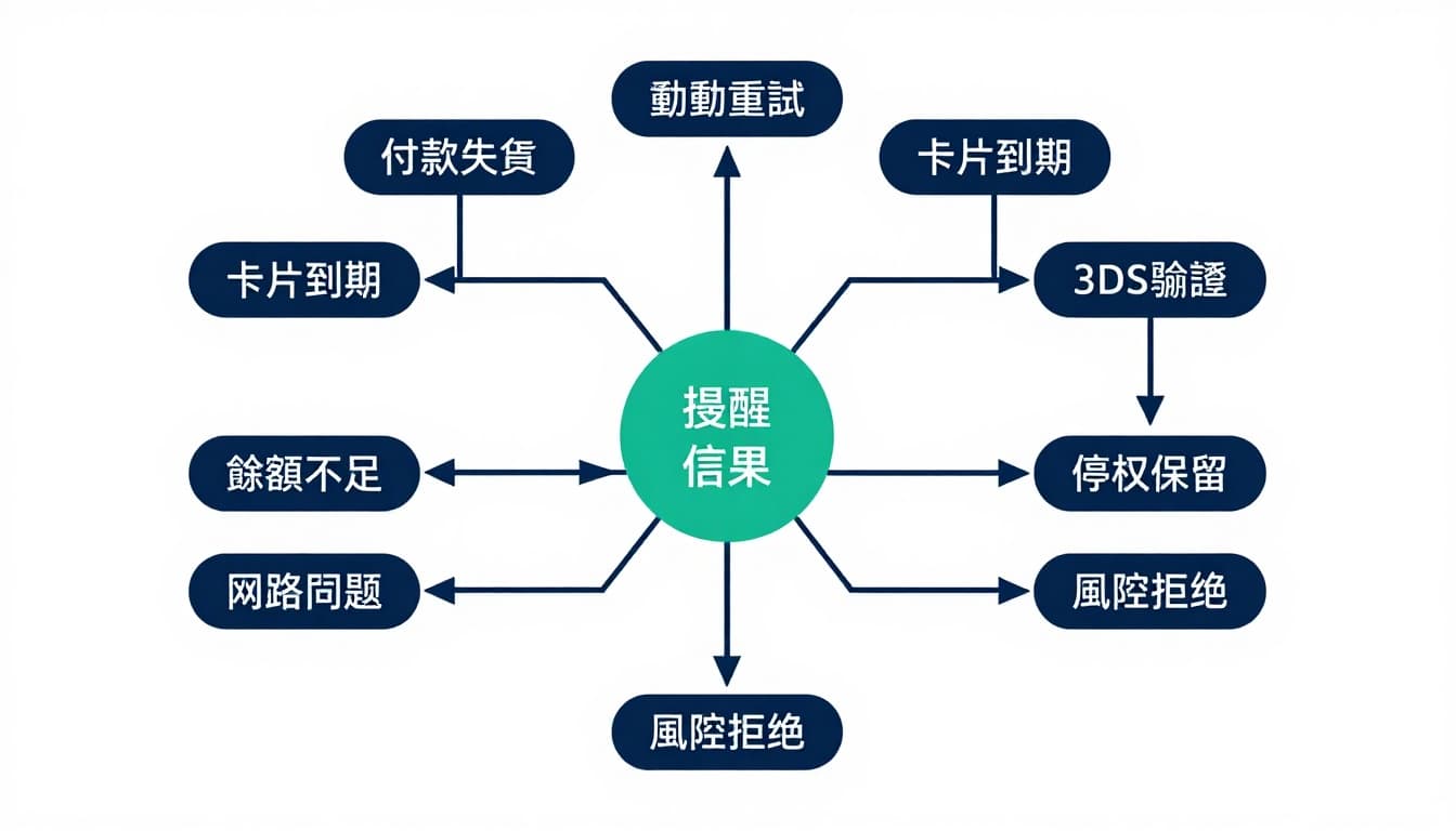 乾淨現代扁平化向量決策樹資訊圖，白底背景以深藍和青綠色點綴，使用繁體中文標籤顯示付款失敗分支如卡片到期、餘額不足，並延伸自動重試排程、提醒信、更新付款方式及恢復流程。專業流程圖風格適合部落格文章，landscape比例無人物無水印。