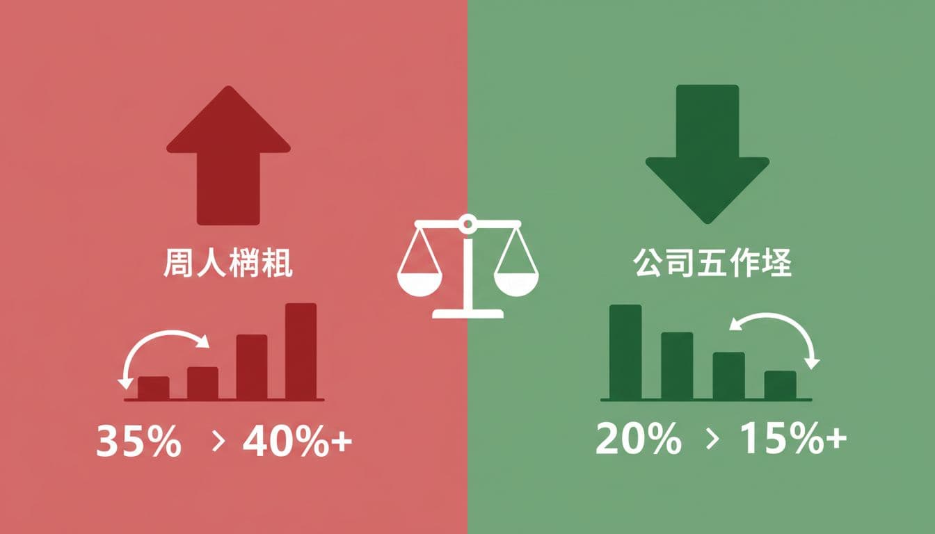 網紅工商登記怎麼做,才能合法節稅並拉高品牌專業度 Modern flat design comparison chart: left side shows high tax burden for personal influencers in red, right side shows low tax for company studios in green with downward arrows indicating savings. Simple icons, no text or people.