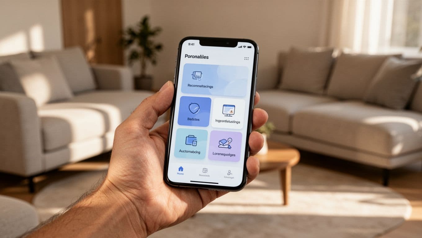 A hand holds a smartphone displaying a mobile app interface with AI-recommended personalized content like course lists and exclusive articles, in a comfortable living room with soft lighting and modern minimalist style.