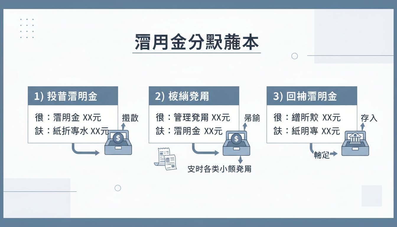 專業扁平化設計的會計資訊圖表，以繁體中文展示零用金設置、核銷費用及回補三大分錄範本，並以箭頭流程連接說明，適合商業教學使用。