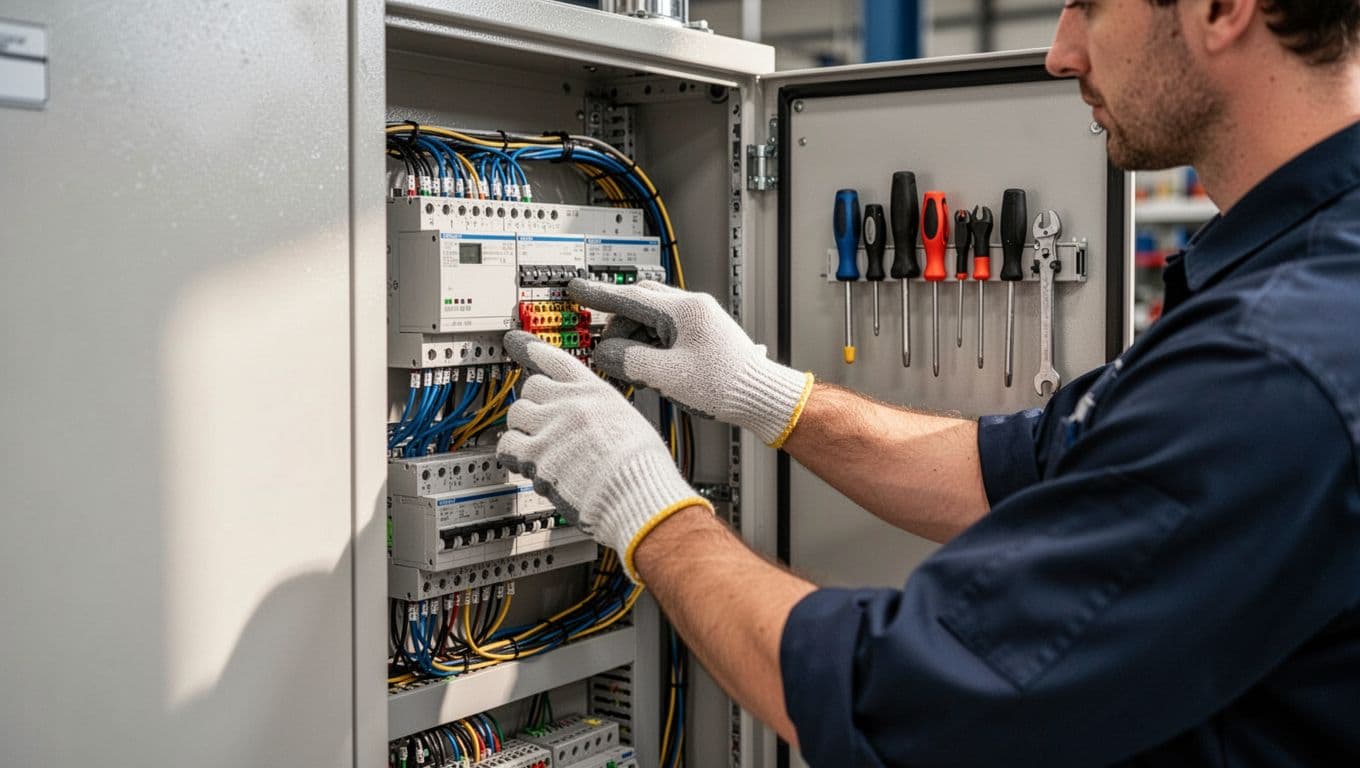PLC 控制盤配線標準怎麼做,線號端子與維修友善的現場實務 Gloved technician touches terminal on open PLC control panel showing neat wiring, tools nearby in modern factory.