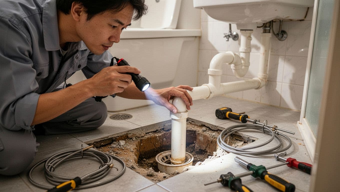 浴室水電施工怎麼做,才能避開排水堵塞與臭味回湧 A professional technician uses a flashlight to inspect the inside of a bathroom drain pipe in a Taiwan residential bathroom, with the floor dug up to expose the pipeline and tools like a drain plunger nearby, in a realistic photo style with soft lighting.