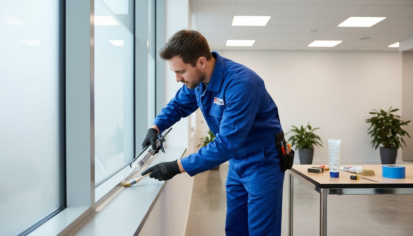 梅雨季前先處理窗邊滲水與插座受潮,辦公室實戰做法 Plumber in uniform applies waterproof sealant to office window frame and sill, caulk gun and brush on nearby table.