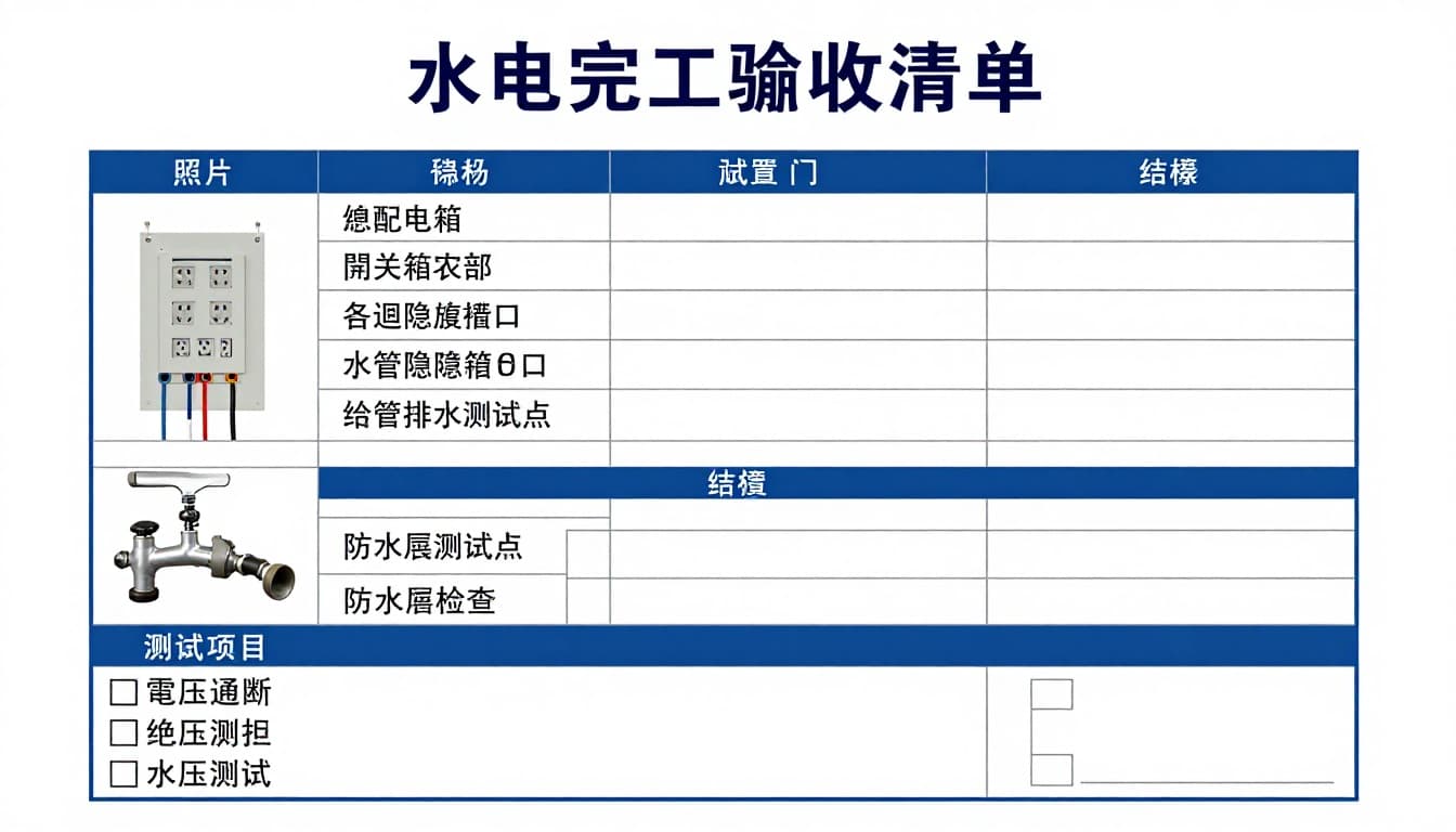 完工驗收必備表單包,水電, 弱電, 消防的照片清單, 測試項目與保固交付清單 A professional A4 portrait chart in Traditional Chinese for water and electricity completion acceptance, featuring a central table with photo placeholders, test results, and notes for items like distribution boxes, sockets, pipes, and tests; surrounded by icons and including checkboxes and signature area.