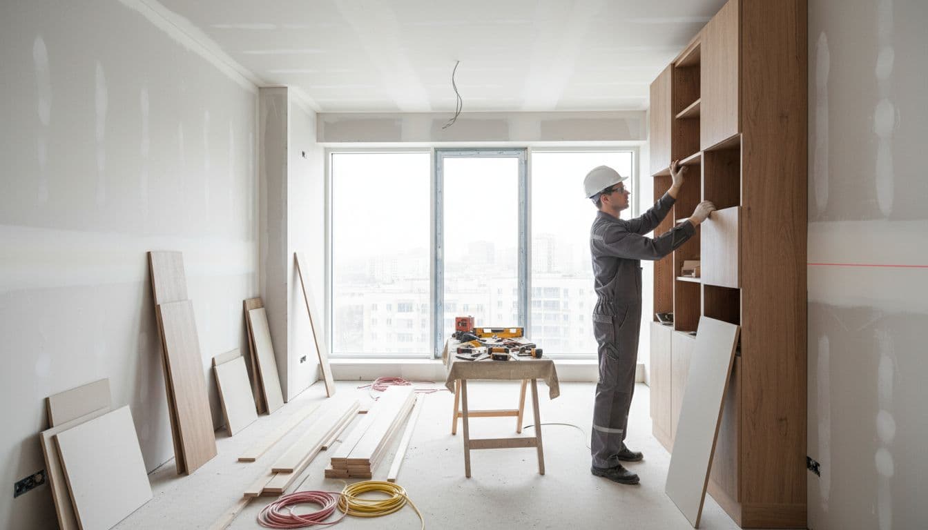 A technician wearing a work uniform focuses on installing precise interior details inside an apartment. Bright, even lighting illuminates the organized space, highlighting the high-quality craftsmanship and professional site management.
