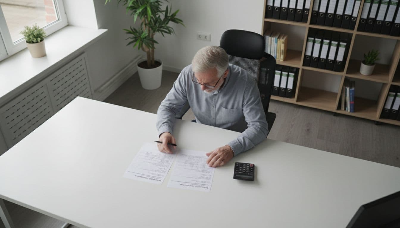 商辦水電施工怎麼避坑,先拆開報價單裡的魔鬼細節 Overhead view shows a professional at desk comparing two detailed plumbing-electrical quotes, calculator and pen nearby.