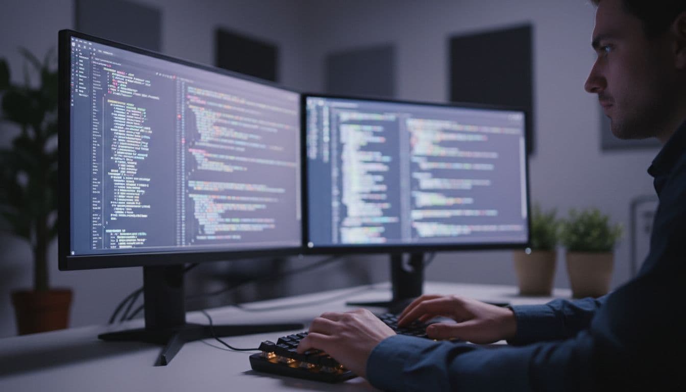 WordPress 網站和客製化網站架設的差異,怎麼選才不會越做越累? A developer codes a custom website on dual monitors in a professional studio, with blurred code snippets, focused on keyboard and screens under dim ambient lighting with screen glow.