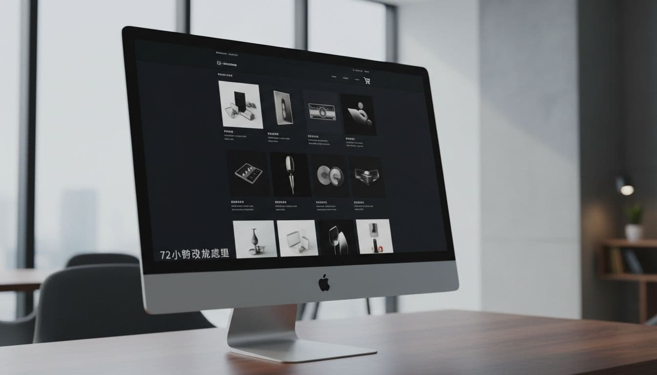 High-quality e-commerce website displayed on a desktop monitor in a modern office environment, featuring grid product layout, shopping cart elements, dark tones, soft lighting, and realistic photography style with no readable text.
