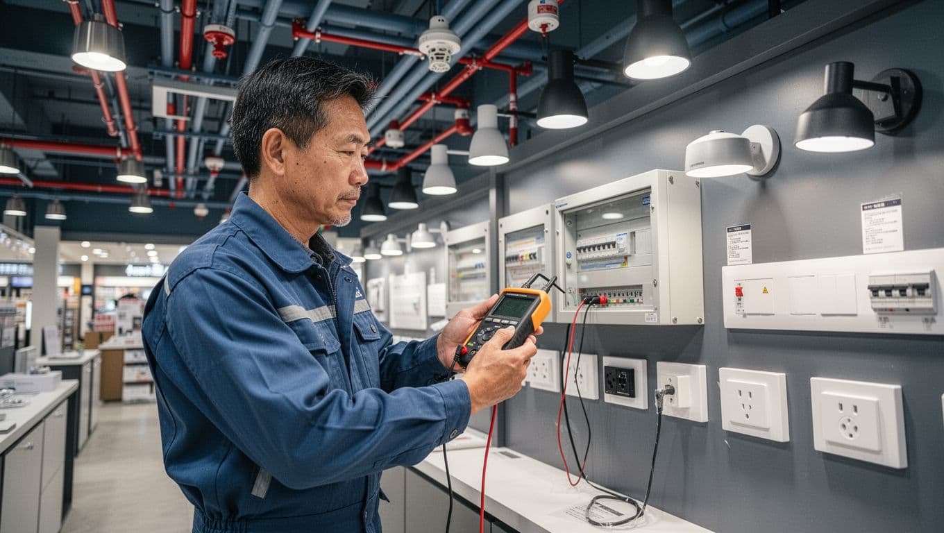 百貨專櫃進櫃水電常見規定,配電、照明、消防配合流程整理 A senior electrician wearing work clothes holds testing instruments to check the switch box and sockets at a department store counter renovation site. The background shows ceiling pipelines, fire sprinklers, and neatly arranged lighting fixtures in a clean, orderly environment with realistic style, deep blue-gray tones, natural light, and shallow depth of field focusing on the electrician.