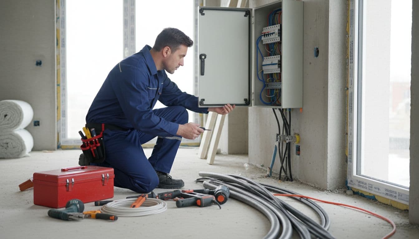 新成屋客變水電規劃指南 插座迴路與網路一次想好 A professional electrician master checks the switch box at a new home construction site, with toolbox and wires neatly placed in a work environment, wearing work clothes, focused expression under natural daylight, realistic photo style, solo scene.