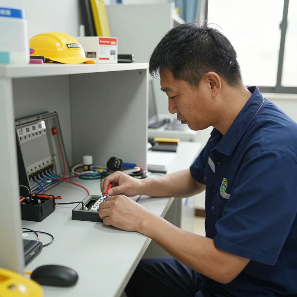辦公室弱電工程與插座配置指南:裝修避坑預算規劃實務 A skilled technician in full safety gear inspects the electrical switch box and low-voltage circuits during on-site office work, with tools neatly organized under natural indoor lighting in a realistic photo style.