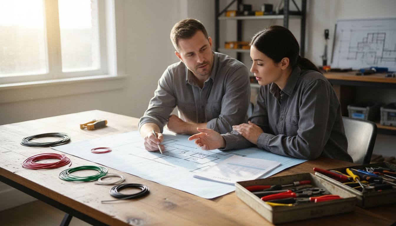 老屋電線抽換費用怎麼算?別為了省小錢忽略安全 Two professional electricians discussing wiring diagrams for old house renovation at an office desk with wire samples, quotation sheets, and a nearby toolbox, in a bright indoor setting conveying trust and professionalism, realistic style, landscape orientation.