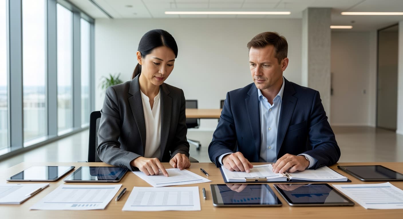 股東合夥做生意怎麼分錢?六月新球季前先把合夥契約簽好 An accountant in a dark suit sits with a business owner at a glass table. They examine organized financial documents and a digital tablet while exchanging information in a bright office.
