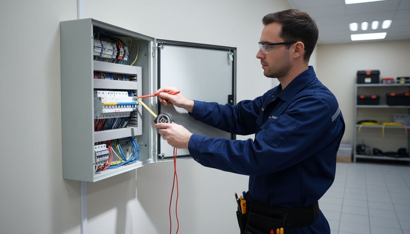 A technician uses specialized measuring tools to inspect a wall-mounted home electrical panel.