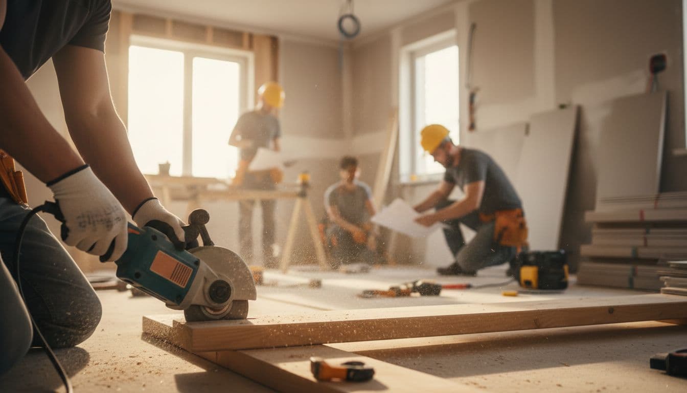 Skilled contractors perform focused renovation work inside a residential home setting with warm ambient lighting.
