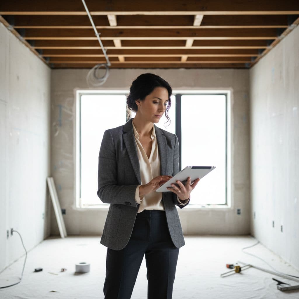 A focused professional in casual attire examines detailed architectural floor plans on a tablet screen. They stand amidst a bright, partially renovated apartment interior undergoing a significant home improvement transformation process.