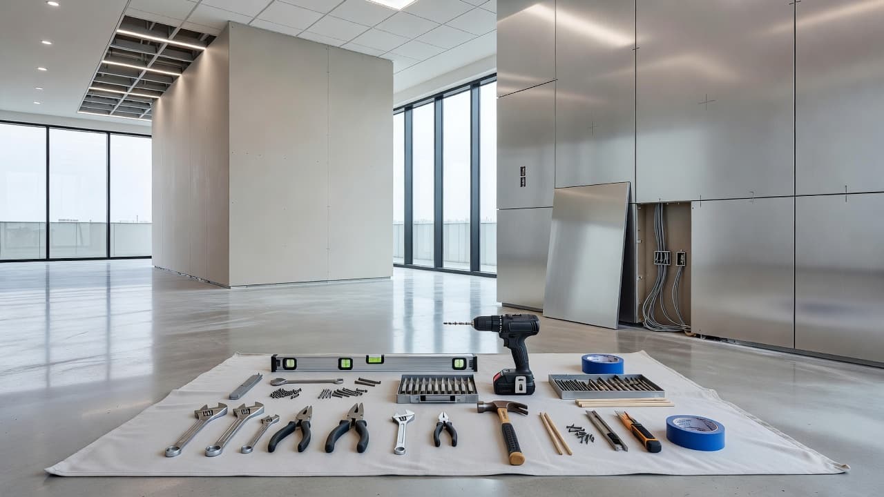 Organized renovation tools rest on a clean canvas drop cloth within a developing commercial space. Soft, ambient lighting highlights the precision craftsmanship and high-quality materials used during the interior build.