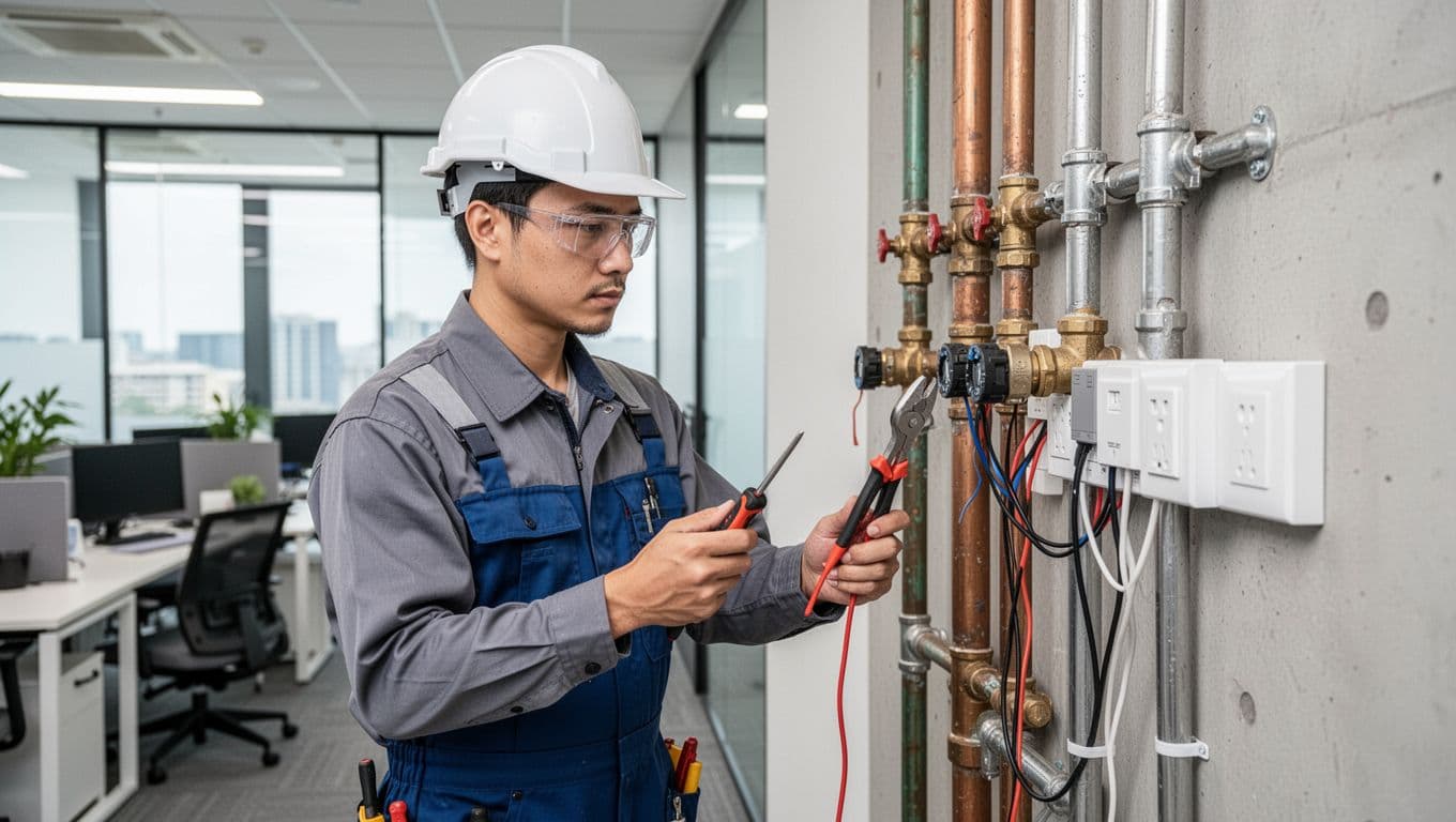小預算也能做好辦公室輕水電:3 招省錢又安全的實務做法 A professional plumber wearing safety gear meticulously checks water pipes and electrical outlets in a modern office environment, emphasizing focused inspection and safety.
