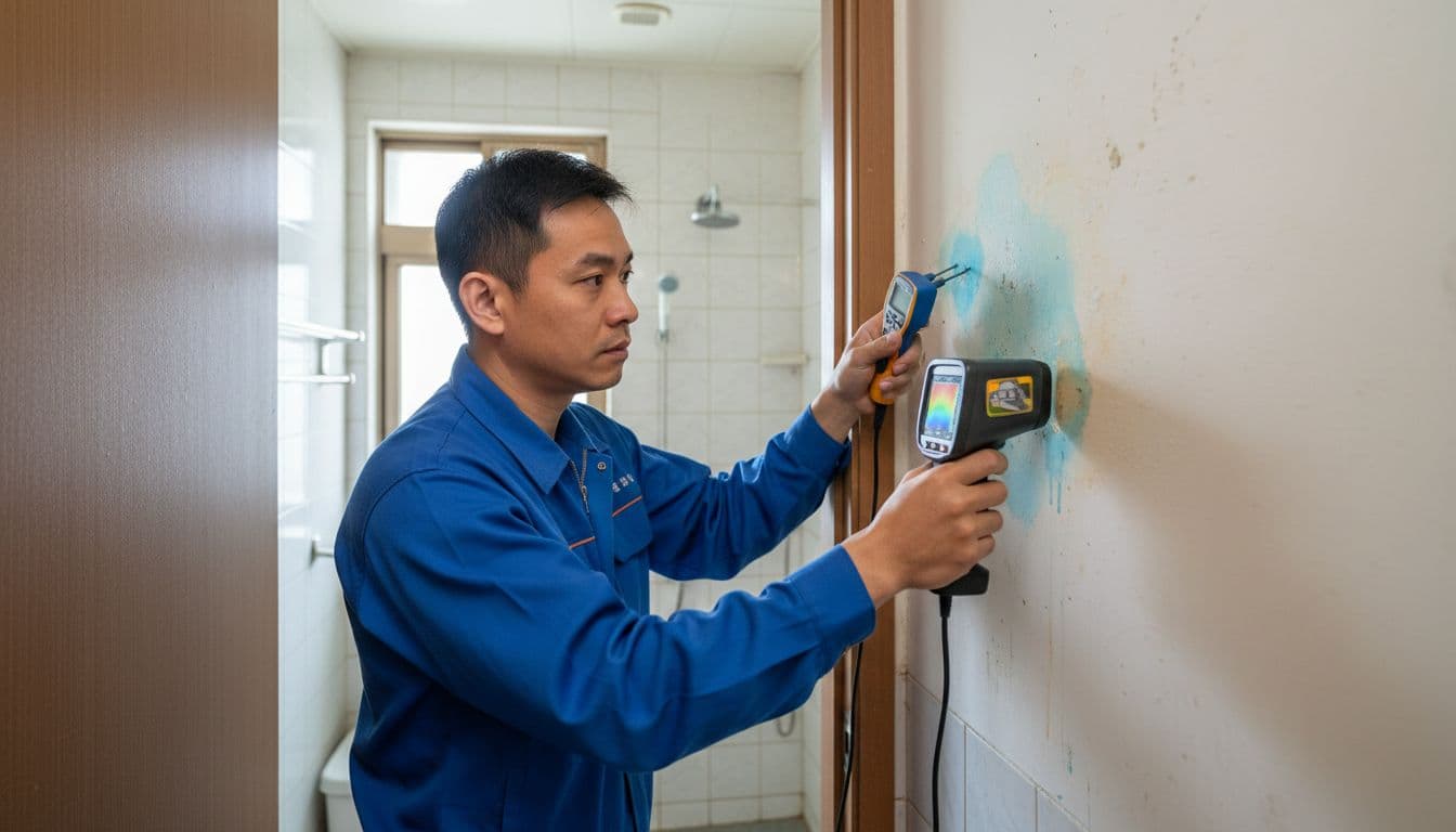 牆壁漏水原因找不到?專業水電師傅教你判斷滲水點 A professional plumber holds a moisture meter and infrared thermal imager to inspect a wall with suspected water stains at the bathroom door in a Taiwanese apartment, focusing on temperature differences.