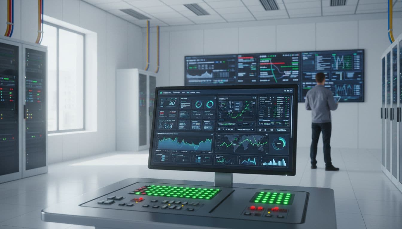 Control panel in a professional server room displays website monitoring dashboard with flashing green lights indicating normal operation, engineer in background checks data, modern bright environment, realistic style, natural light.