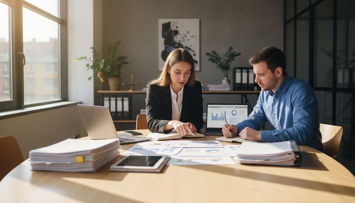 Two professionals in a modern office sit at a conference table, one pointing to documents on company setup while the other takes notes, surrounded by files and computers in natural light.