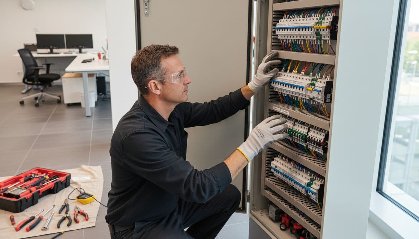辦公室裝修別只看漂亮:5 個隱藏水電細節決定員工待不待得住 A professional technician examines an office switch box with neatly arranged wires, clear labels, and tools nearby in a clean environment, rendered in realistic style with natural light. Exactly one technician with two relaxed hands visible, no extra people, no text or logos on the box.
