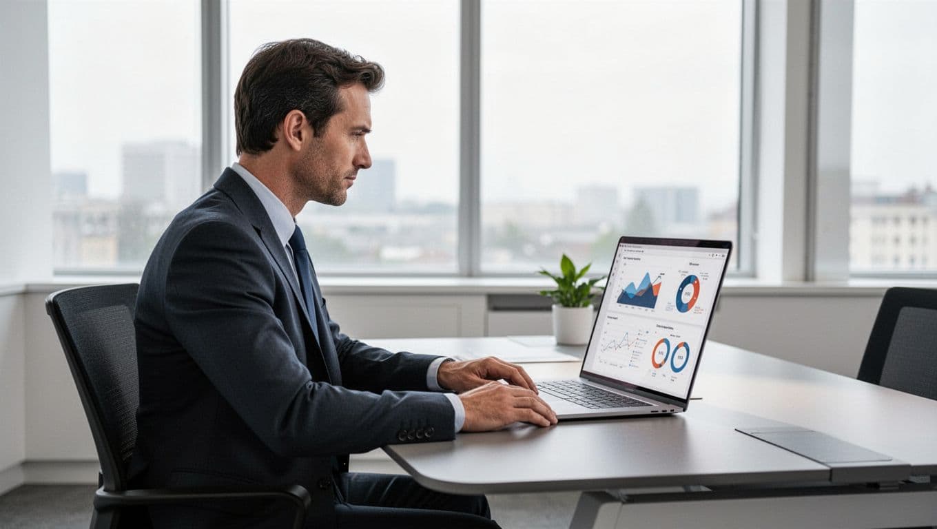 Professional business person at modern desk in bright office viewing WordPress admin dashboard on laptop with AI content generation and funnel setup tools visible on screen.