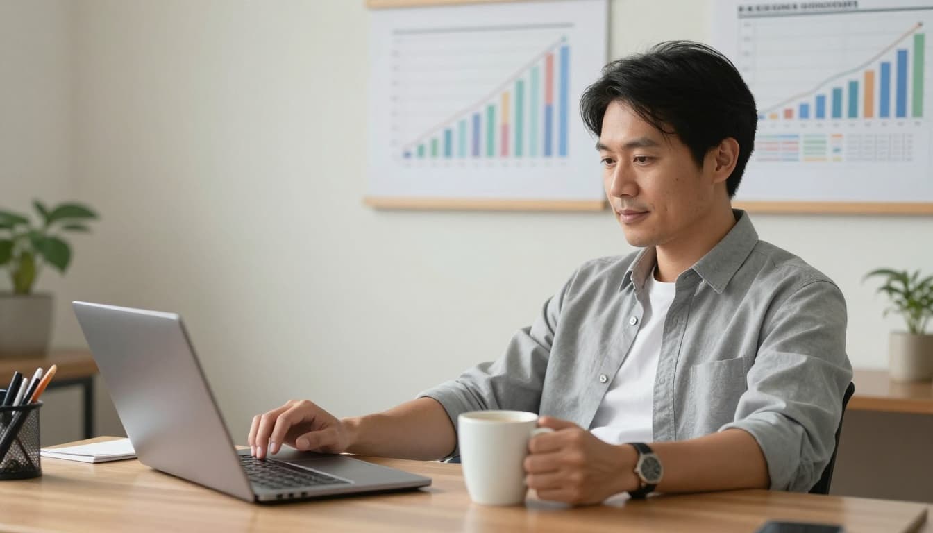 為什麼聰明的創業者都選委外記帳,不把時間耗在帳務系統上 A calm Taiwanese business owner relaxes in a cozy office, holding a coffee mug with a closed laptop nearby and financial growth charts on the wall, bathed in soft morning light.