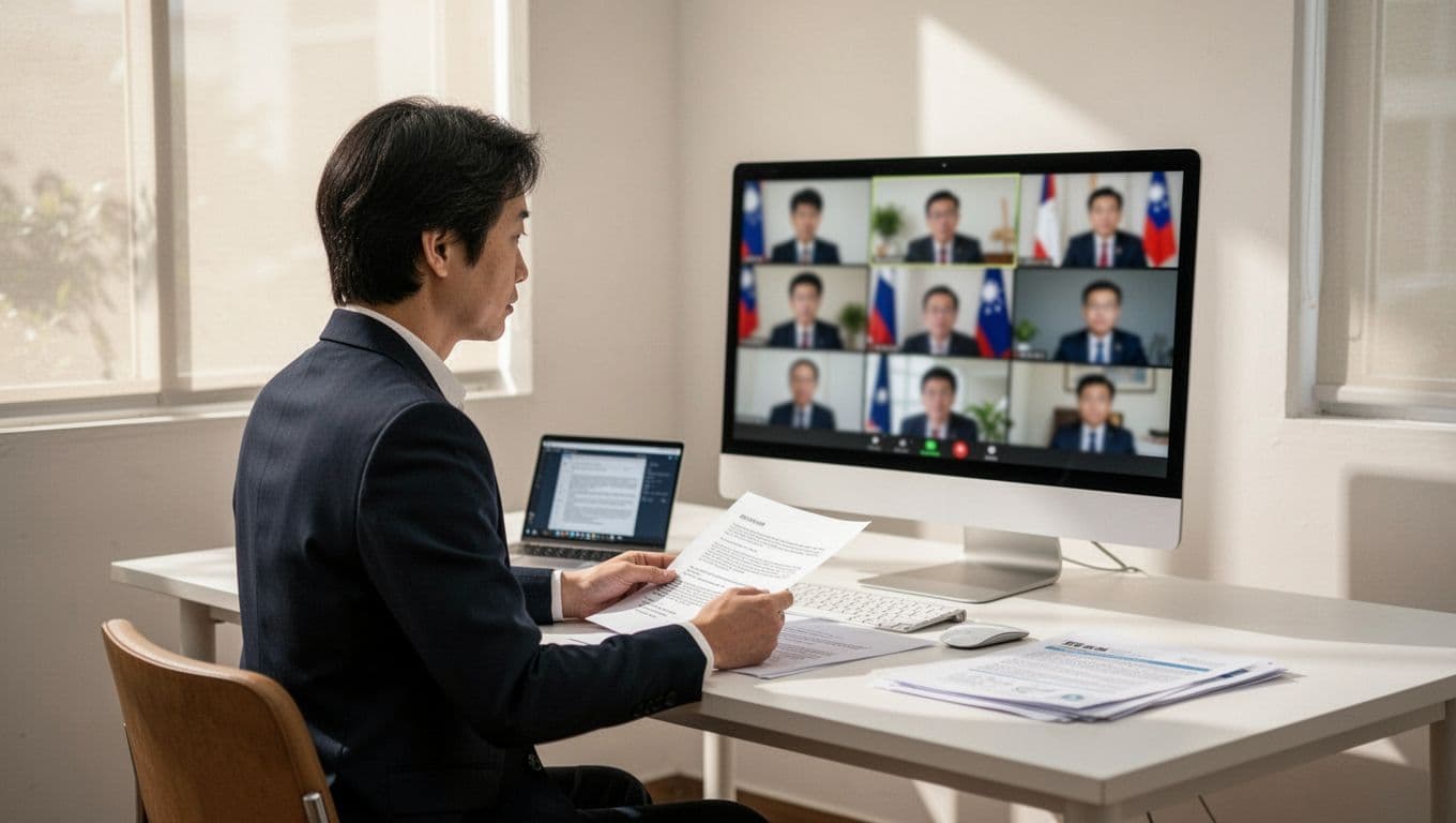 跨境工商登記新制下,數位遊民與遠距團隊如何守住合規 A Taiwanese host at a desk leads a professional video conference with multinational team members on screen discussing documents, in a realistic style with natural indoor lighting.