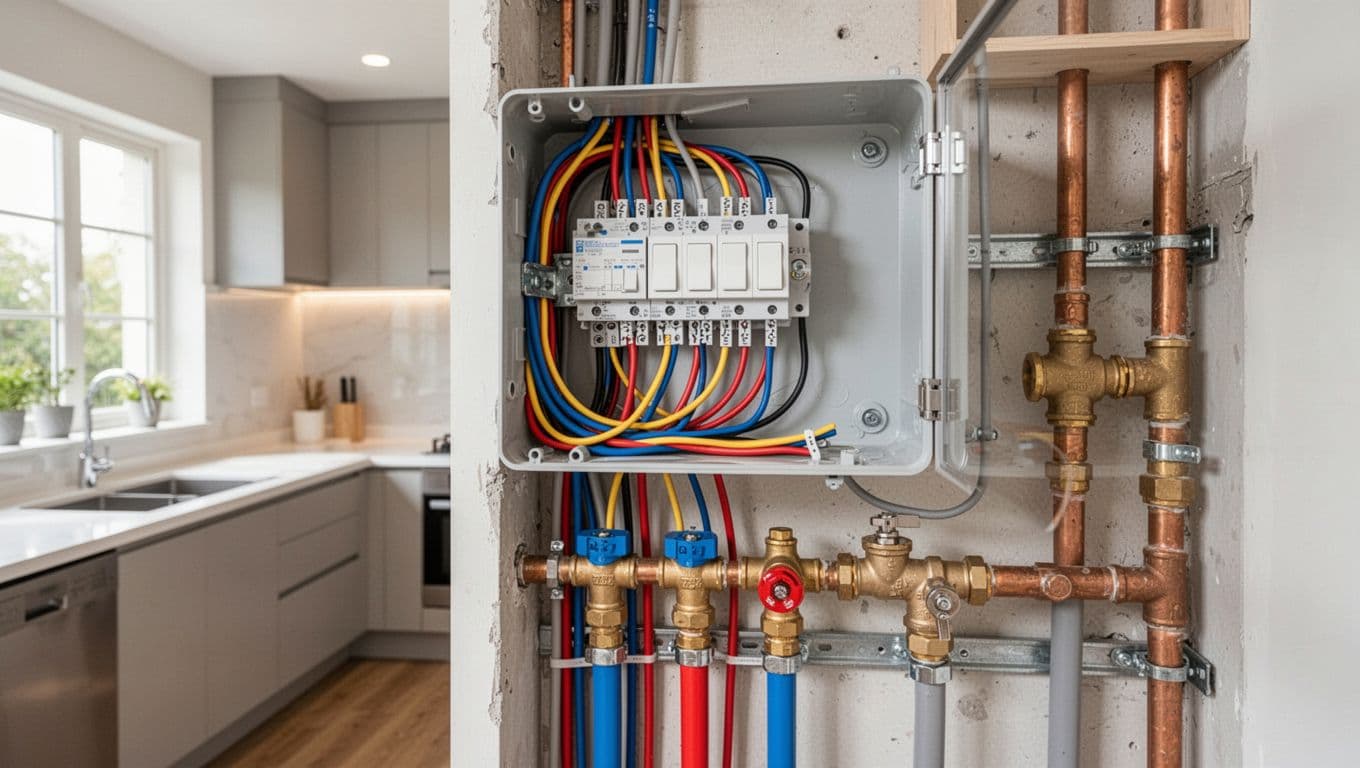 老屋水電翻新指南:防漏保險與電線抽換檢核要點 Clean switch box interior with neatly arranged new electrical wires, water pipes, fuses, and check valves installed, set against a modernized kitchen background, realistic style with bright natural light, professional renovation achievement.