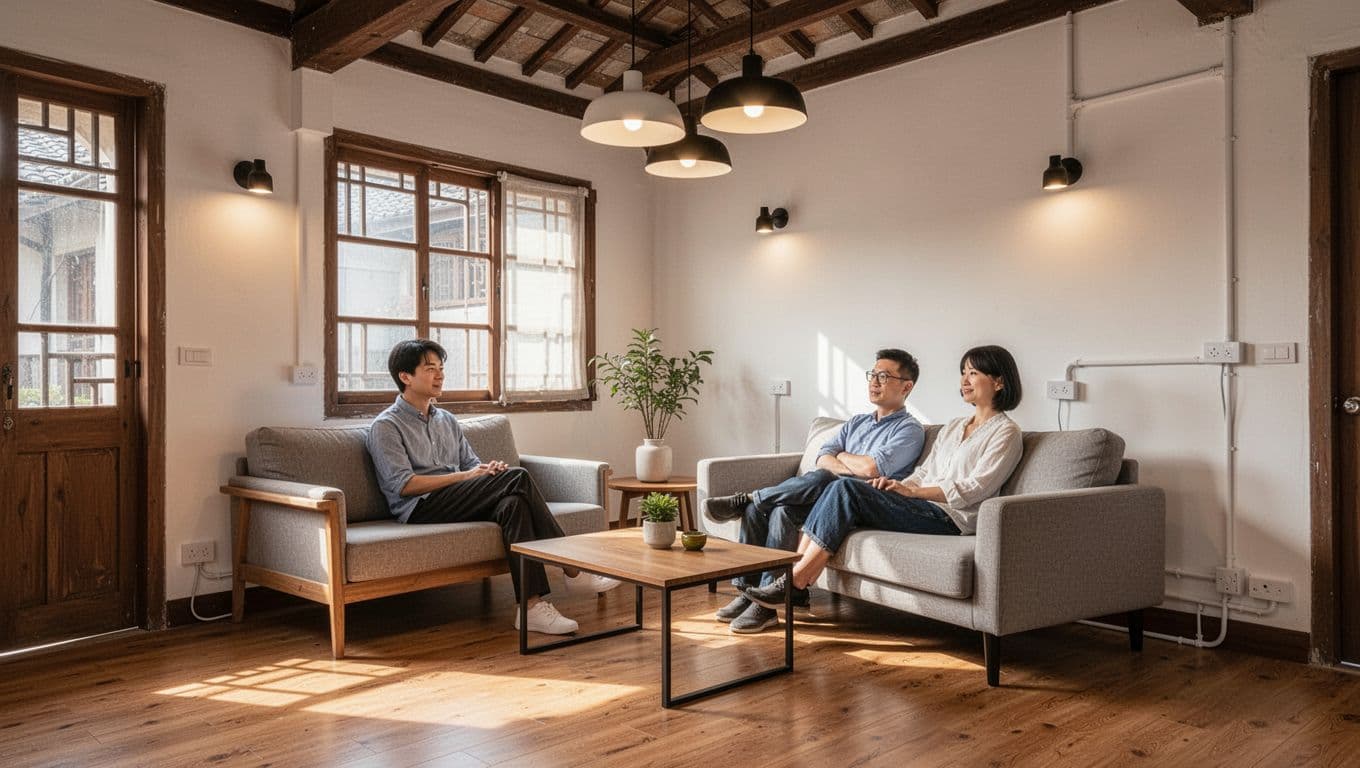 Bright and comfortable living room in a renovated Taiwanese old house with neatly hidden electrical wiring, modern lamps and sockets, wooden floors, minimalist furniture, and exactly two family members relaxing in warm lighting.