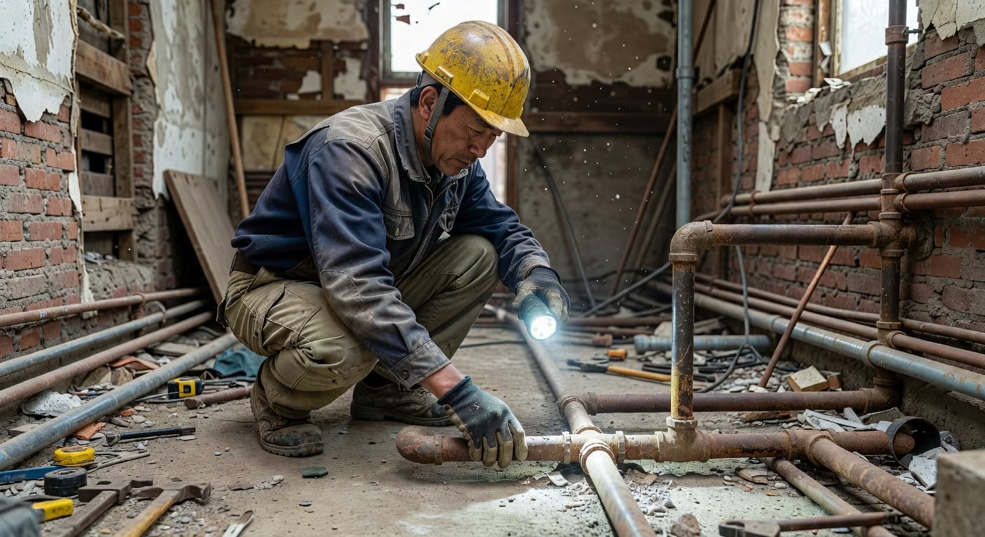 A professional tradesman crouches in a dusty, unfinished room while carefully inspecting newly installed water pipes. Exposed brick walls and debris surround him as he checks the plumbing connections for leaks.