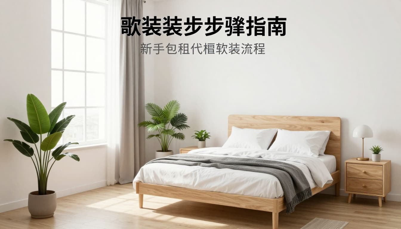 Simple illustrative scene depicting the step-by-step soft decoration process for a small rental apartment bedroom, including furniture placement, color selection, lighting setup with one bed, lamp, and plants in a clean, modern, bright style.