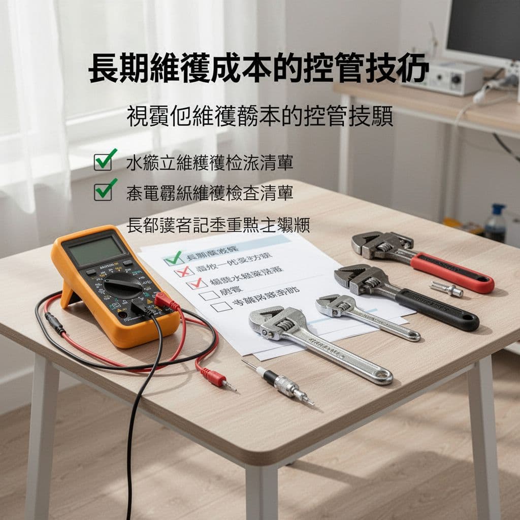 包租代管修繕怎麼做 房東最省事的耐用型水電規劃 Illustration of a checklist for water and electricity maintenance in a rental property, with tools like multimeter and pipe wrench on a table. Organized layout in clean modern style under bright daylight, no people, text, or extra objects.