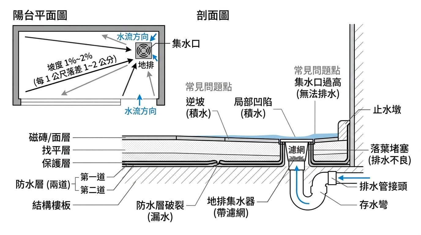 清晰技術示意圖展示住宅陽台地坪排水改善，包括平面圖標示1-2%坡度與排水路徑、剖面圖詳解各層結構與常見問題如逆坡與堵塞。白底黑灰線條搭配藍色水流方向，全部中文標註。