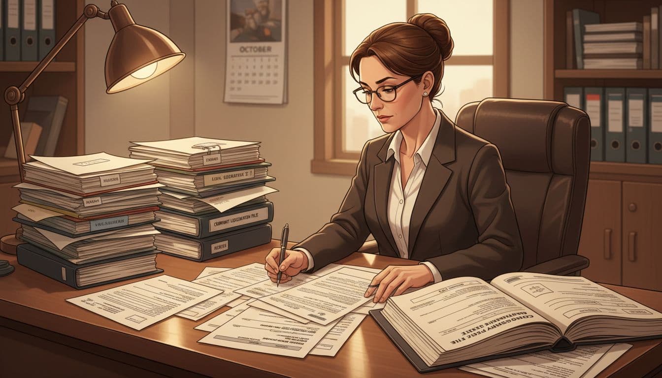 Illustration of a responsible liquidator at a desk reviewing financial documents and tax forms during company liquidation, in a professional office environment with warm lighting.