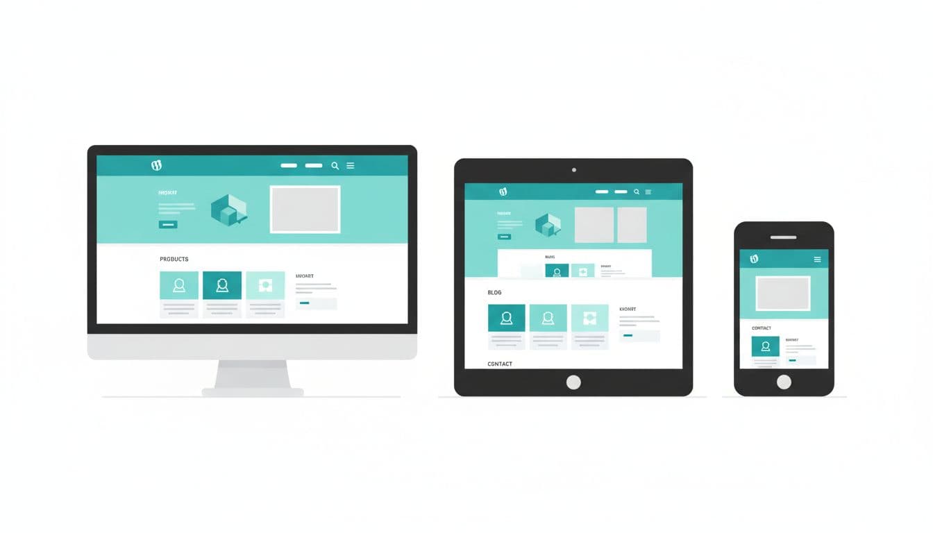 A clean, professional flat design showcase of a WordPress business website frontend with product displays, blog section, and contact form in blue-green tones, fully responsive for mobile devices, no text or people.