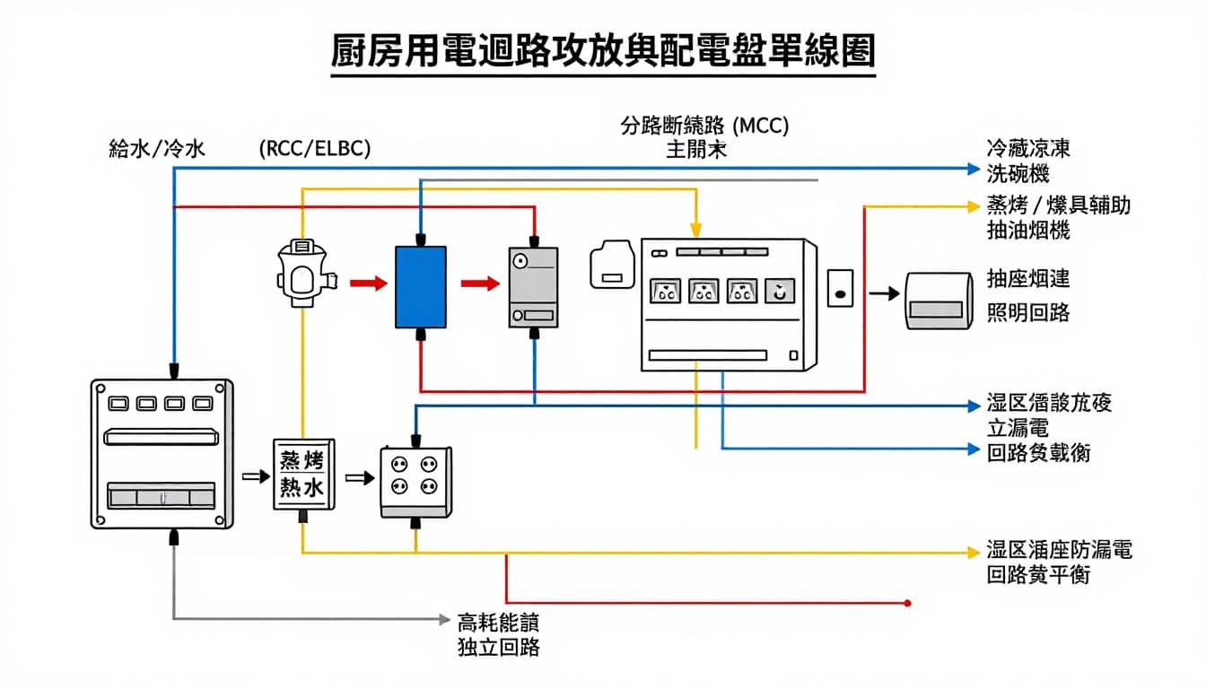 廚房用電迴路分配與配電盤單線圖