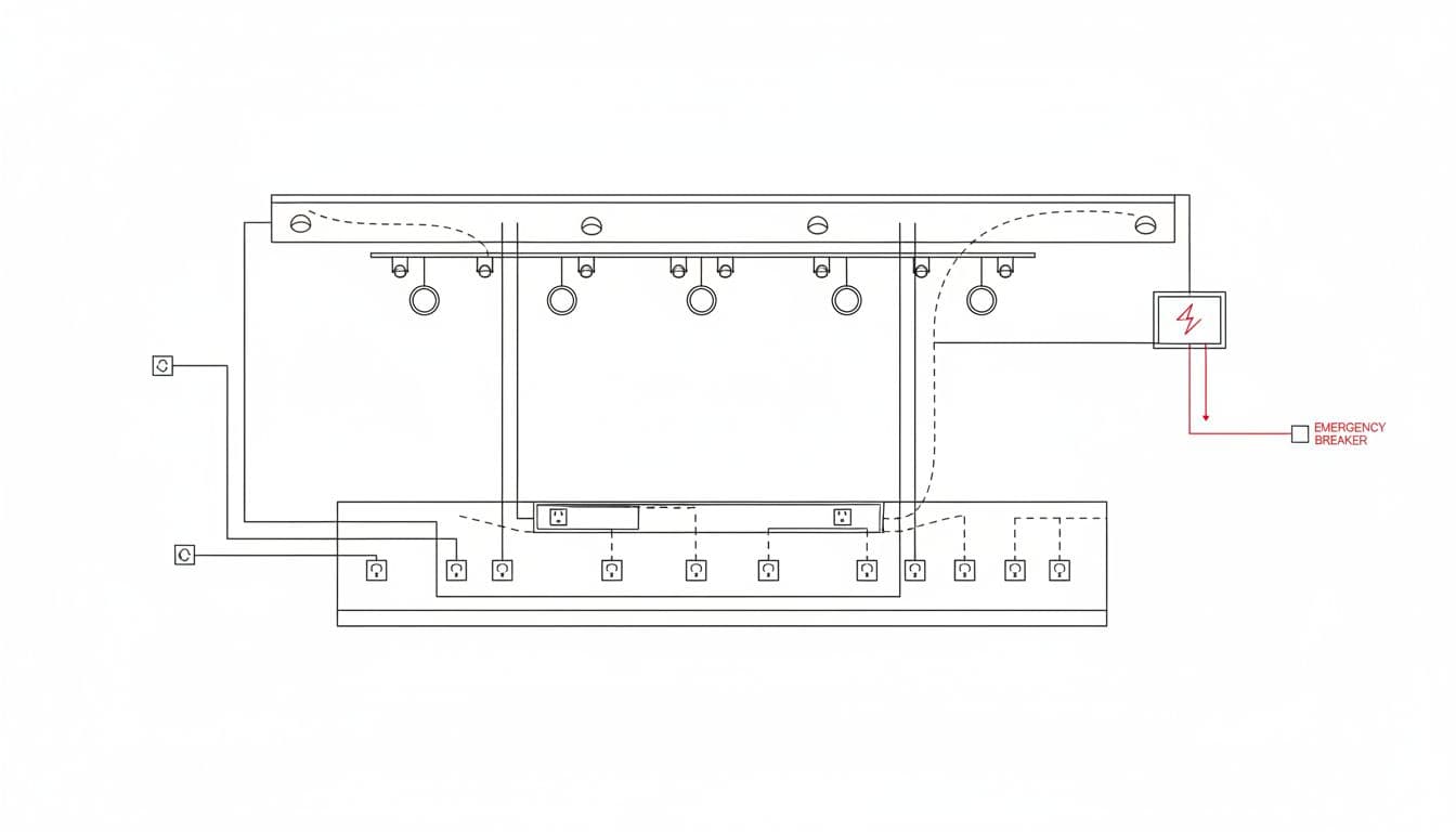Line drawing blueprint of electrical layout for department store retail counter, showing power outlets, lighting circuits, breakers, and cable routes.