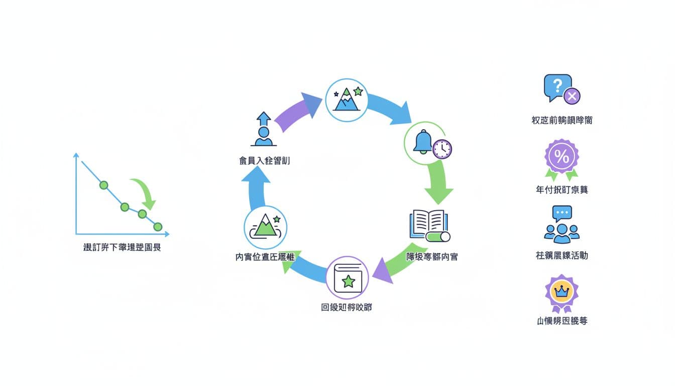 會員制網站的「付費牆」怎麼規劃,內容分級與續訂降低退訂率 Clean flat vector illustration in SaaS product design style depicting a central renewal cycle arrow with onboarding, value milestones, reminders, exclusive content, and pause options, alongside icons for retention strategies and a declining churn rate chart.
