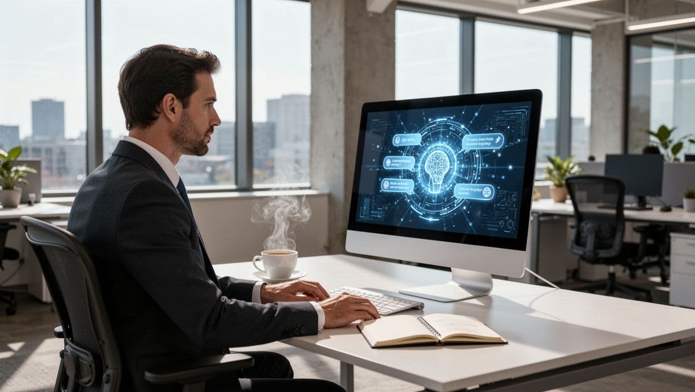 Sales supervisor sits at desk viewing computer screen with chat interface and visitor interaction records, coffee and notebook on table in modern office.