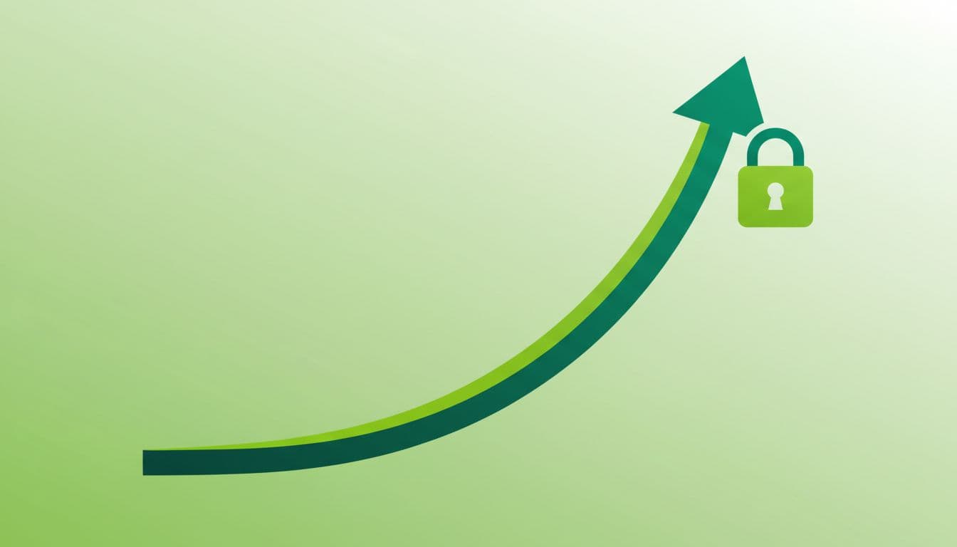 Minimalist green infographic chart displaying upward website traffic growth curve with adjacent security lock icon, symbolizing WordPress security and performance benefits for marketing.