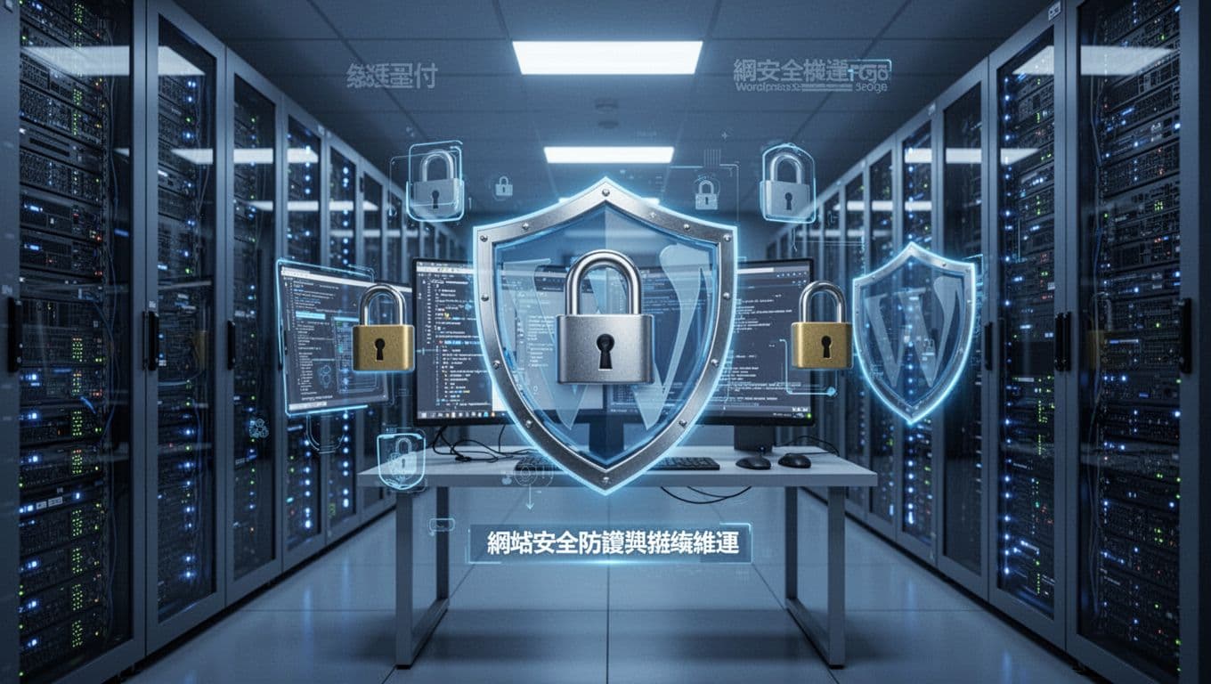 Modern unmanned data center with WordPress servers surrounded by lock and shield icons, blue lighting, professional atmosphere, clean composition.
