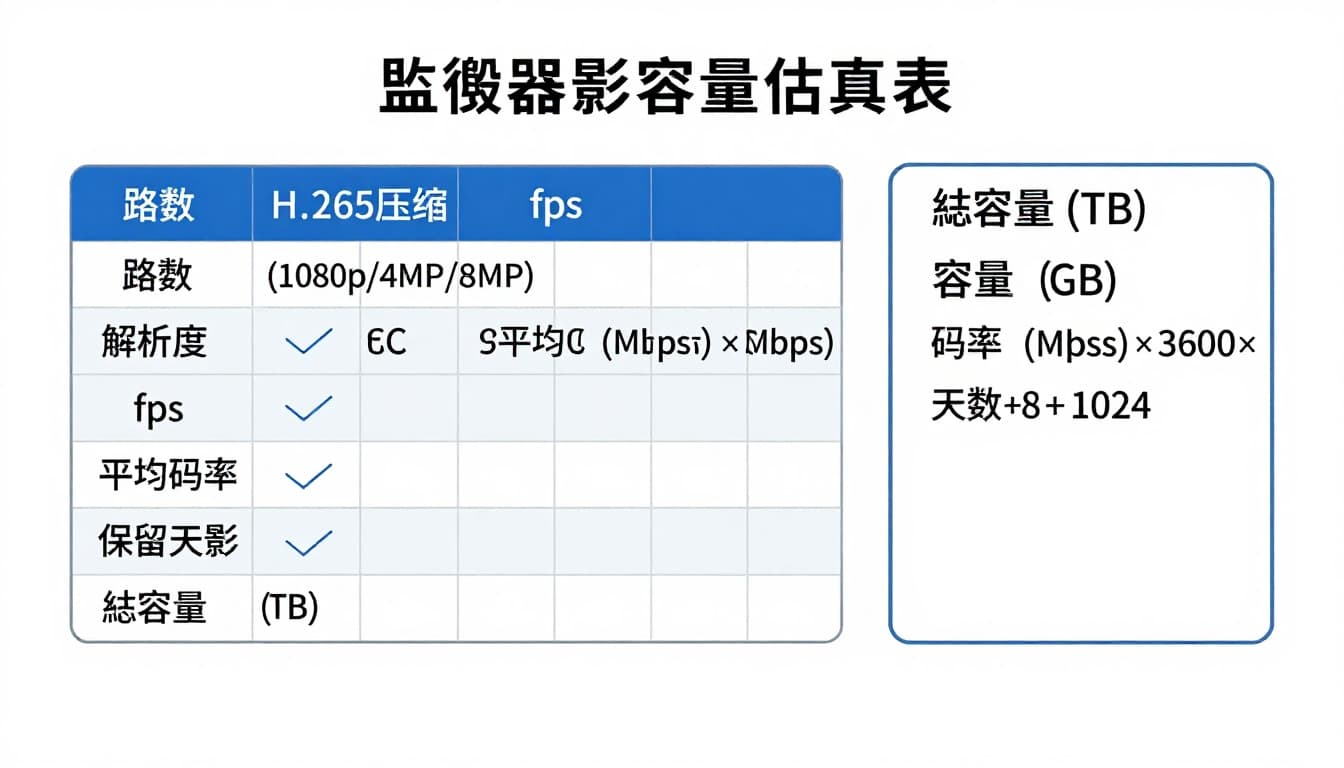 監視器安裝不想後悔,鏡頭選型, 佈線, PoE交換器與錄影容量估算 乾淨扁平向量資訊圖表,顯示監視器錄影容量估算表格,包括路數、解析度、H.265壓縮、fps、碼率、保留天數與總容量,附容量計算公式。適合中文技術文章,白底藍灰配色,16:9比例。