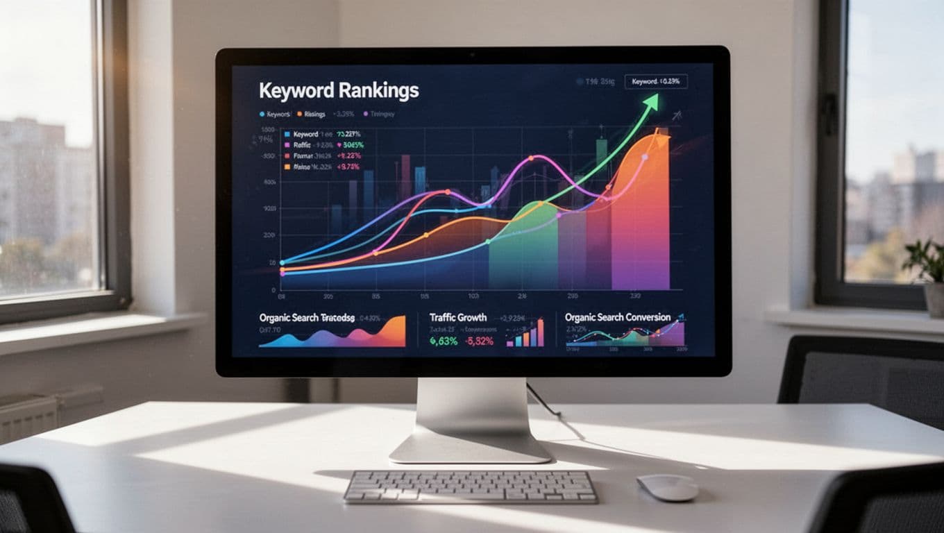 Computer screen in simple office shows SEO dashboard with rising keyword rankings, traffic growth curve, and conversion data.